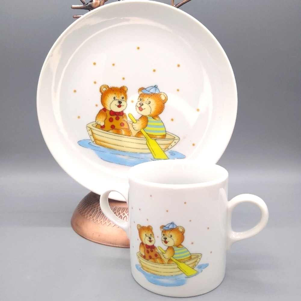 Fine China Child's Dinner Set Toddler Child Teddy Bear Rowboat Plate Cup Vtg